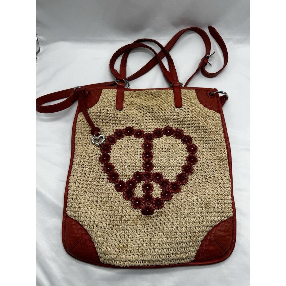 Brighton Straw Shoulder Bag with Red Trim and Beaded Heart